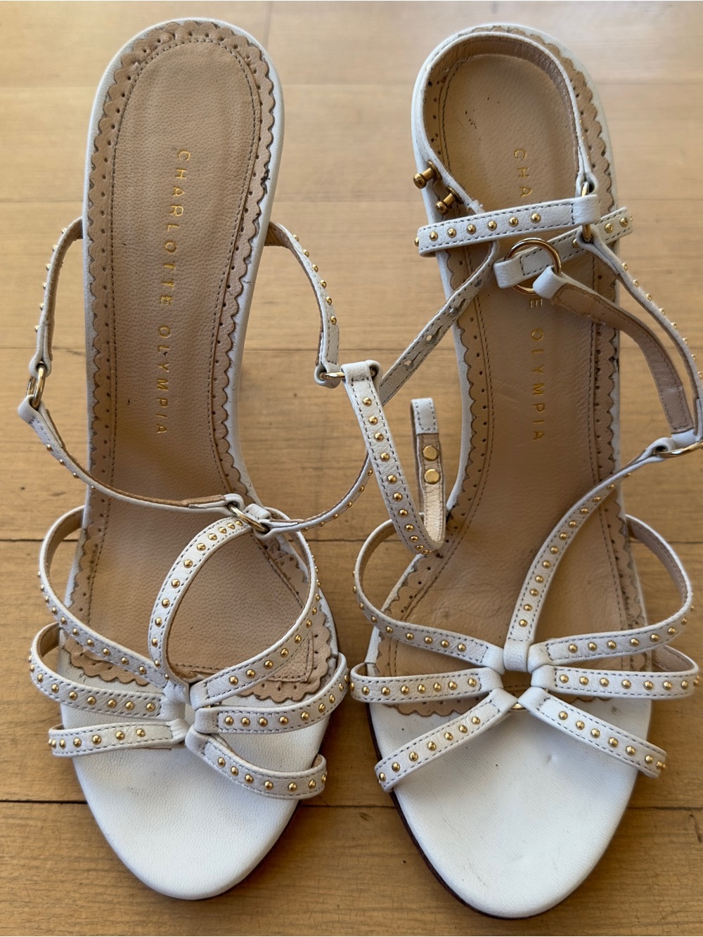 Charlotte Olympia White Gold-Stud Strappy Heels